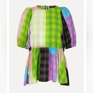Stine Goya NWT Checked Puff Sleeve Peplum Top size medium